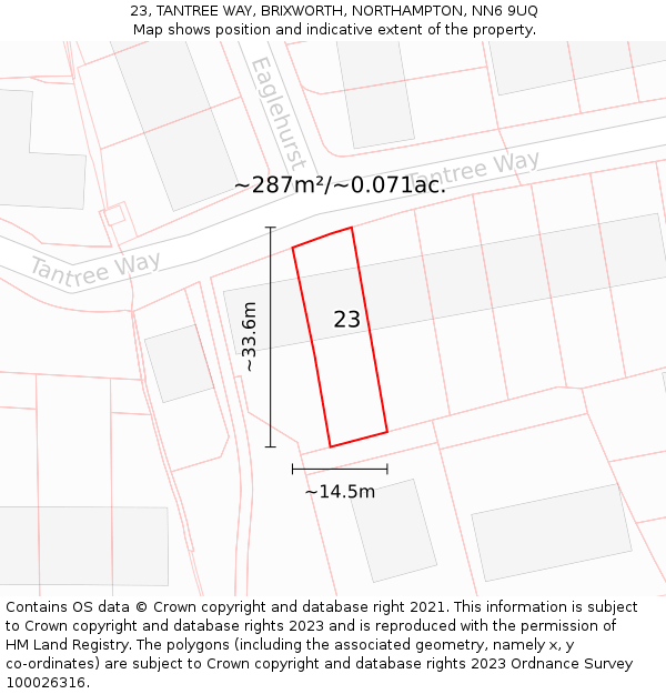 23, TANTREE WAY, BRIXWORTH, NORTHAMPTON, NN6 9UQ: Plot and title map