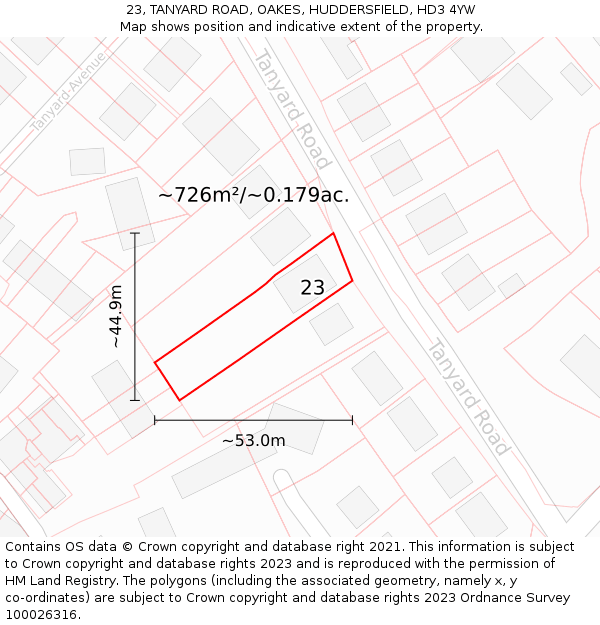 23, TANYARD ROAD, OAKES, HUDDERSFIELD, HD3 4YW: Plot and title map