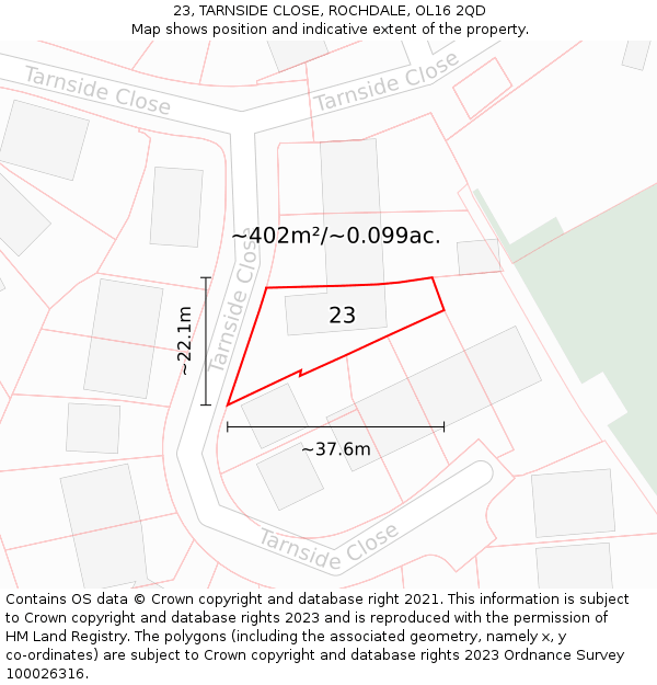 23, TARNSIDE CLOSE, ROCHDALE, OL16 2QD: Plot and title map