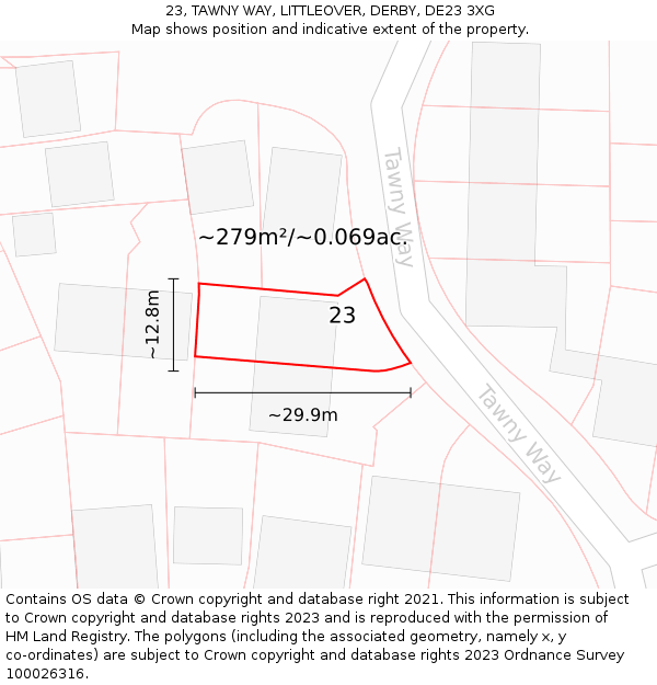 23, TAWNY WAY, LITTLEOVER, DERBY, DE23 3XG: Plot and title map