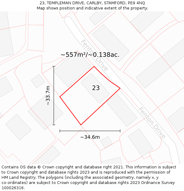 23, TEMPLEMAN DRIVE, CARLBY, STAMFORD, PE9 4NQ: Plot and title map