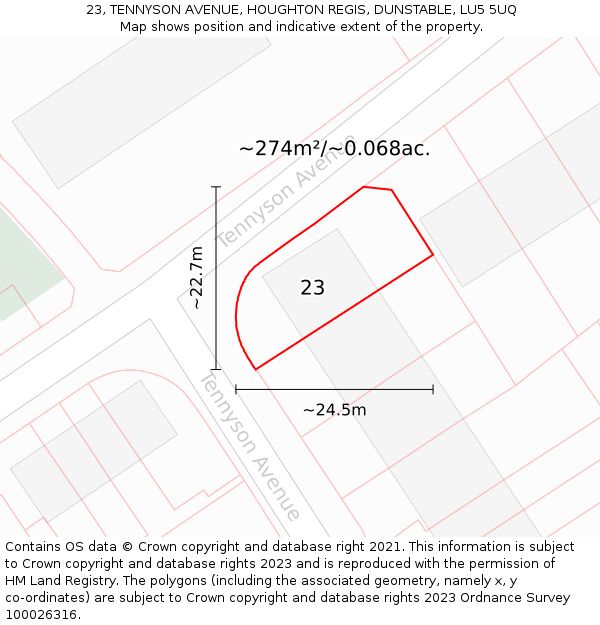 23, TENNYSON AVENUE, HOUGHTON REGIS, DUNSTABLE, LU5 5UQ: Plot and title map