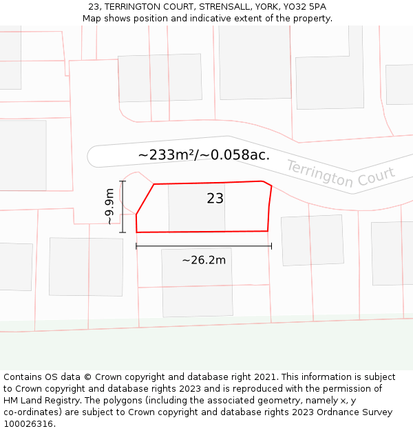 23, TERRINGTON COURT, STRENSALL, YORK, YO32 5PA: Plot and title map