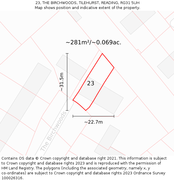 23, THE BIRCHWOODS, TILEHURST, READING, RG31 5UH: Plot and title map