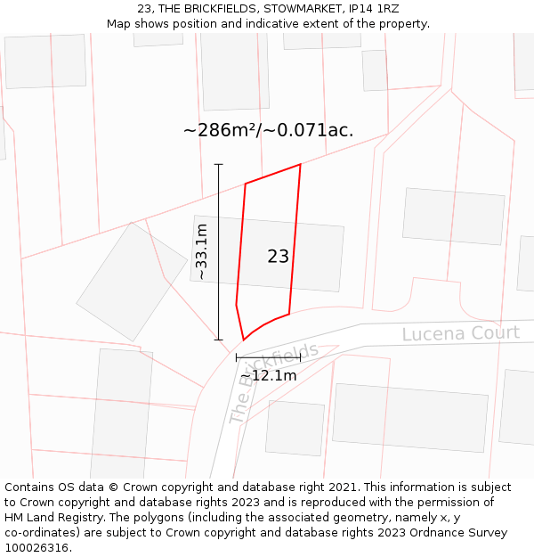 23, THE BRICKFIELDS, STOWMARKET, IP14 1RZ: Plot and title map
