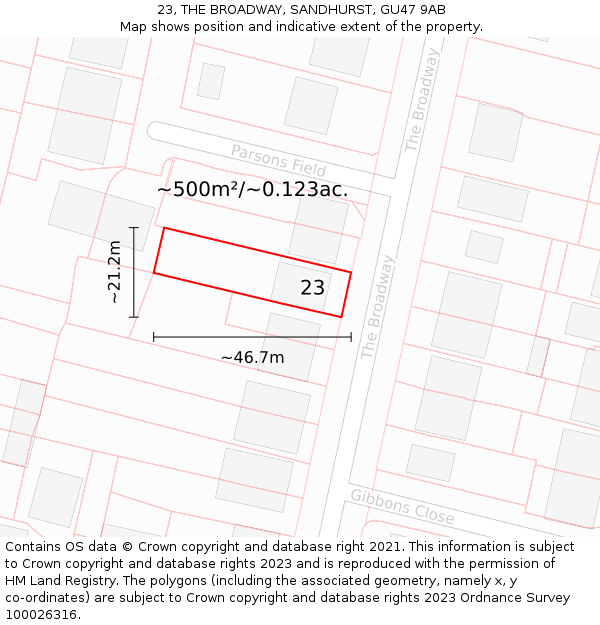 23, THE BROADWAY, SANDHURST, GU47 9AB: Plot and title map