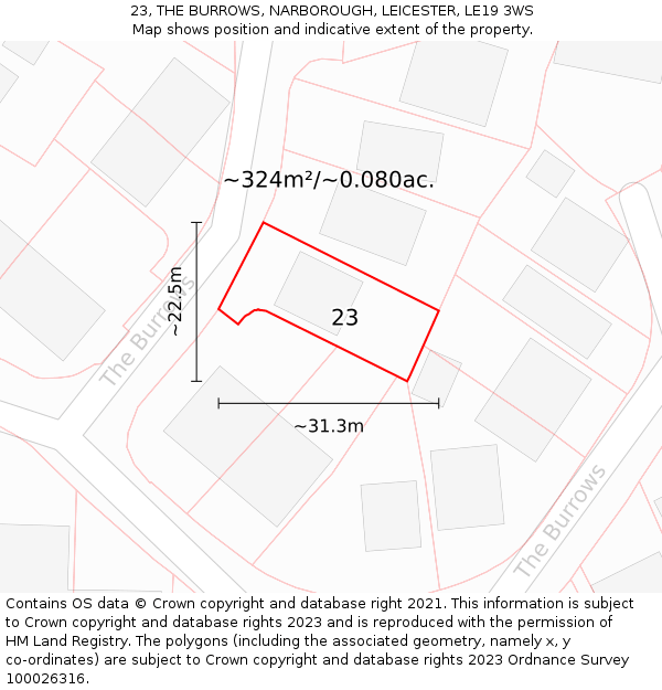 23, THE BURROWS, NARBOROUGH, LEICESTER, LE19 3WS: Plot and title map