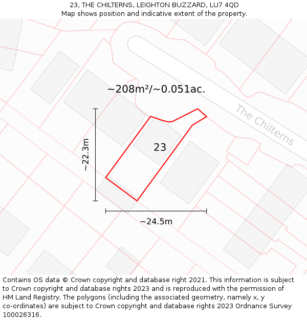 23, THE CHILTERNS, LEIGHTON BUZZARD, LU7 4QD: Plot and title map