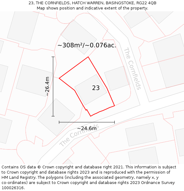 23, THE CORNFIELDS, HATCH WARREN, BASINGSTOKE, RG22 4QB: Plot and title map