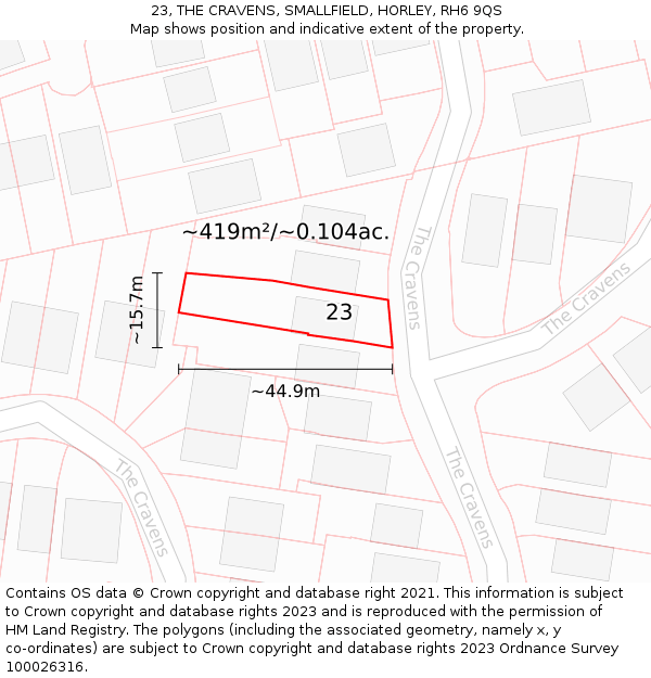 23, THE CRAVENS, SMALLFIELD, HORLEY, RH6 9QS: Plot and title map