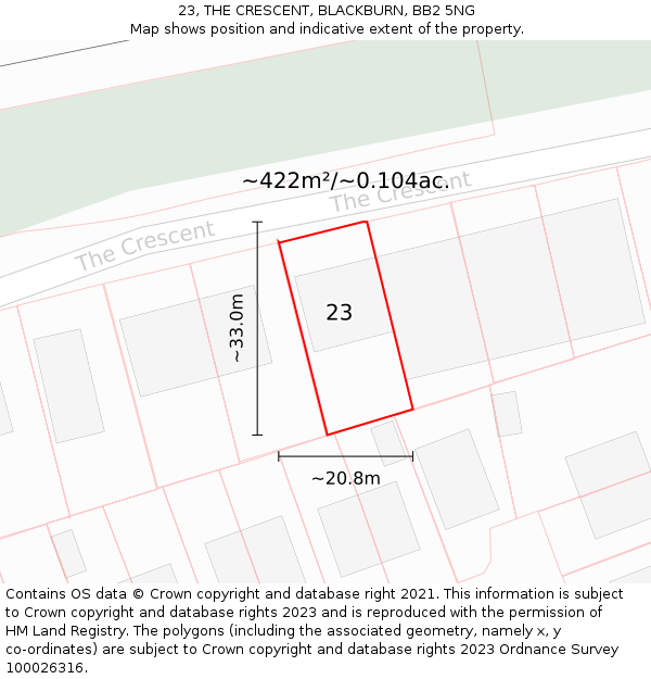 23, THE CRESCENT, BLACKBURN, BB2 5NG: Plot and title map