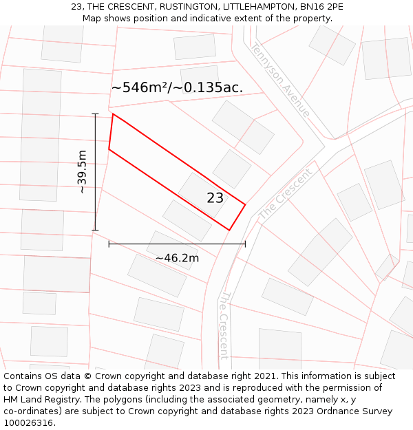 23, THE CRESCENT, RUSTINGTON, LITTLEHAMPTON, BN16 2PE: Plot and title map