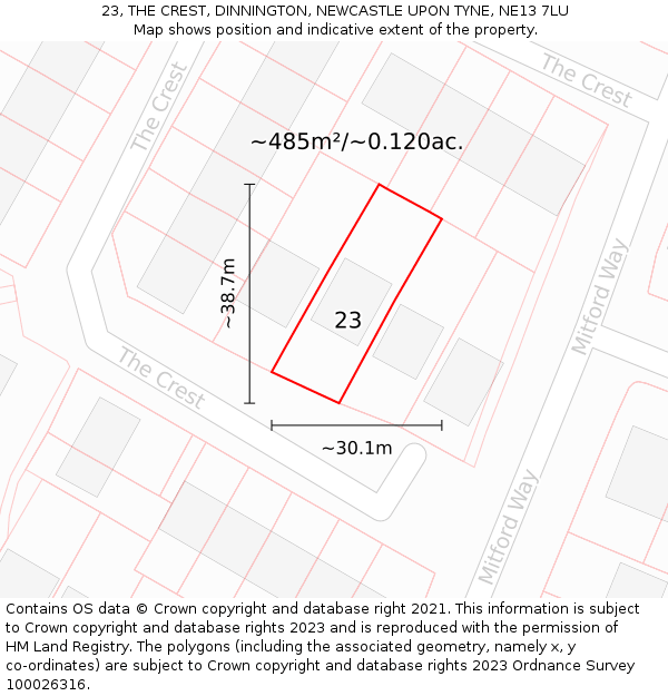 23, THE CREST, DINNINGTON, NEWCASTLE UPON TYNE, NE13 7LU: Plot and title map