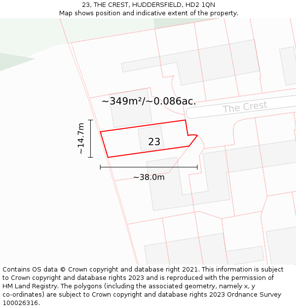 23, THE CREST, HUDDERSFIELD, HD2 1QN: Plot and title map