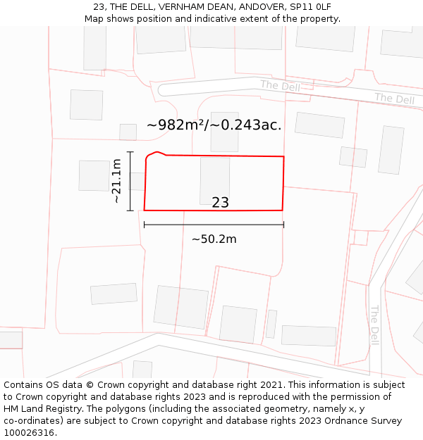 23, THE DELL, VERNHAM DEAN, ANDOVER, SP11 0LF: Plot and title map