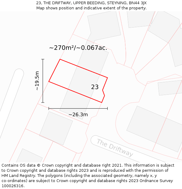 23, THE DRIFTWAY, UPPER BEEDING, STEYNING, BN44 3JX: Plot and title map