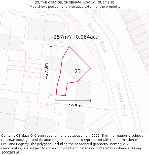 23, THE GRANGE, CHOBHAM, WOKING, GU24 8NQ: Plot and title map