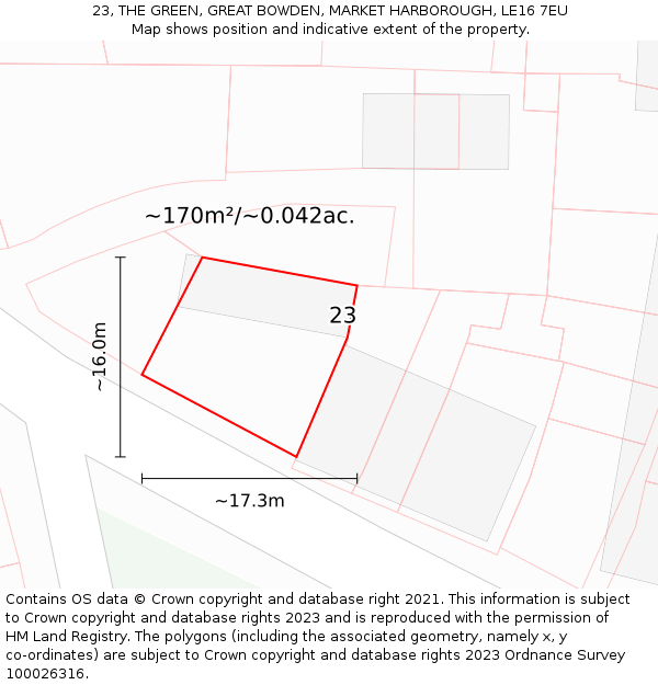 23, THE GREEN, GREAT BOWDEN, MARKET HARBOROUGH, LE16 7EU: Plot and title map