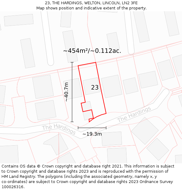 23, THE HARDINGS, WELTON, LINCOLN, LN2 3FE: Plot and title map