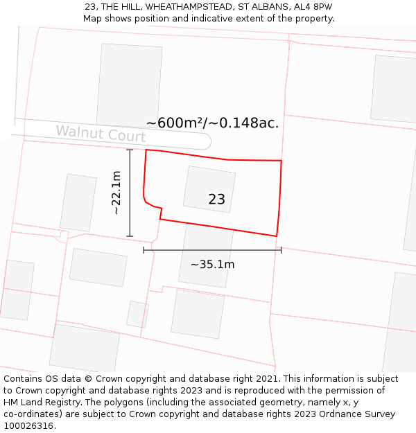 23, THE HILL, WHEATHAMPSTEAD, ST ALBANS, AL4 8PW: Plot and title map
