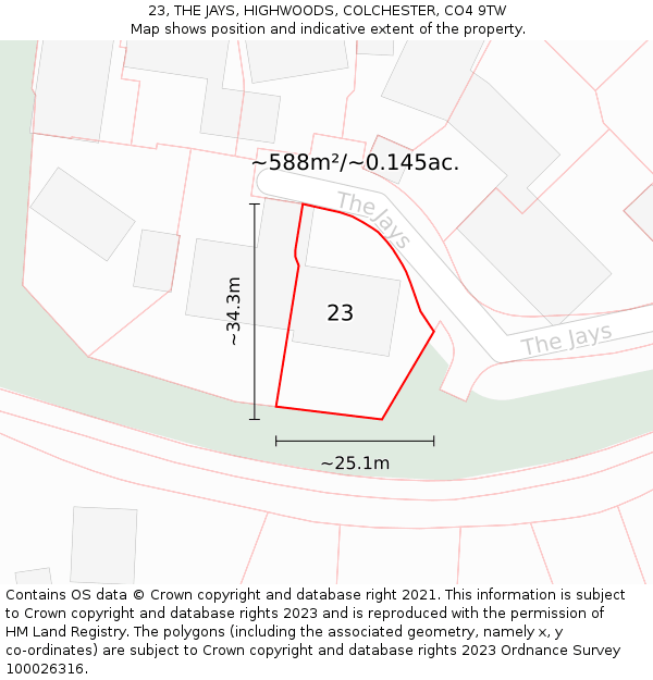 23, THE JAYS, HIGHWOODS, COLCHESTER, CO4 9TW: Plot and title map