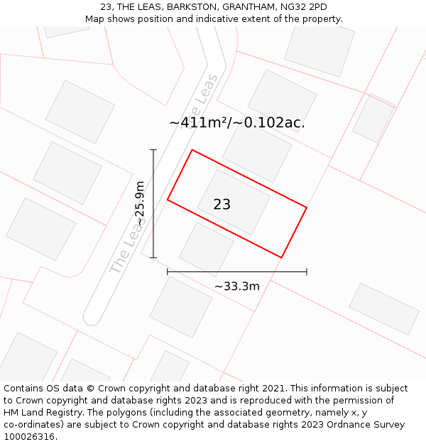23, THE LEAS, BARKSTON, GRANTHAM, NG32 2PD: Plot and title map