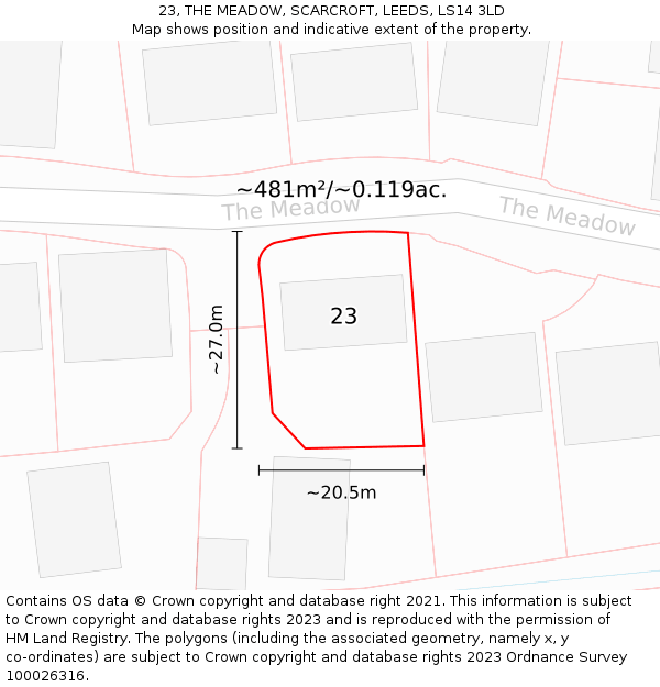 23, THE MEADOW, SCARCROFT, LEEDS, LS14 3LD: Plot and title map