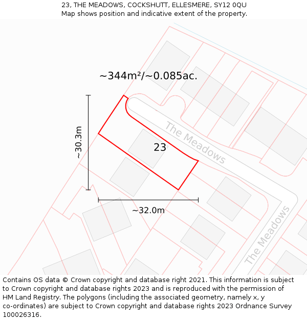 23, THE MEADOWS, COCKSHUTT, ELLESMERE, SY12 0QU: Plot and title map