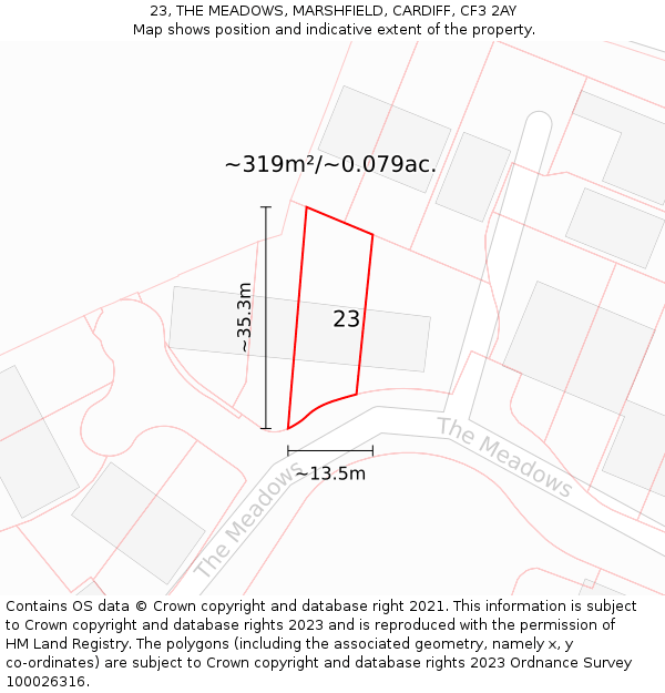 23, THE MEADOWS, MARSHFIELD, CARDIFF, CF3 2AY: Plot and title map