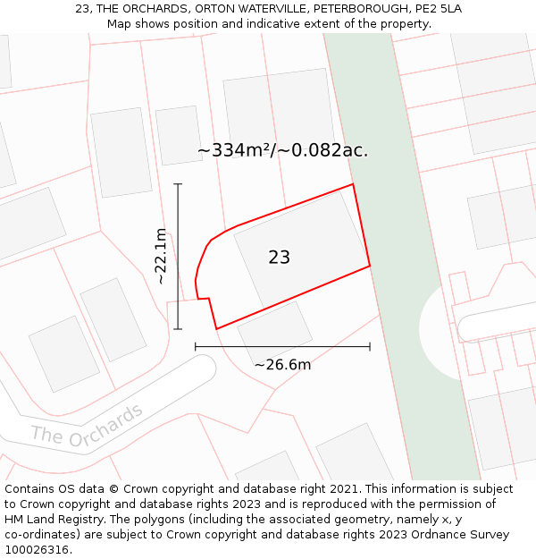 23, THE ORCHARDS, ORTON WATERVILLE, PETERBOROUGH, PE2 5LA: Plot and title map