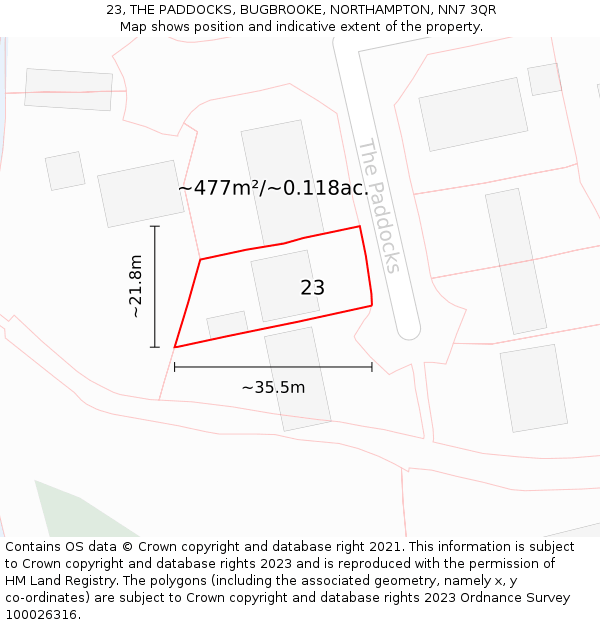 23, THE PADDOCKS, BUGBROOKE, NORTHAMPTON, NN7 3QR: Plot and title map