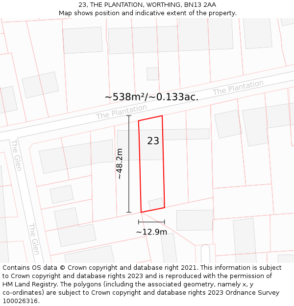 23, THE PLANTATION, WORTHING, BN13 2AA: Plot and title map