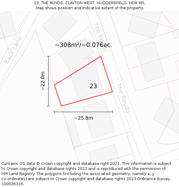 23, THE ROYDS, CLAYTON WEST, HUDDERSFIELD, HD8 9PL: Plot and title map