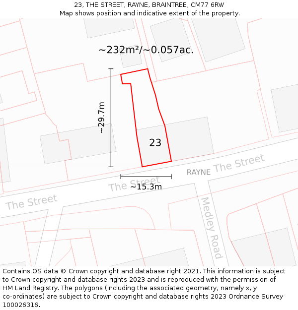 23, THE STREET, RAYNE, BRAINTREE, CM77 6RW: Plot and title map