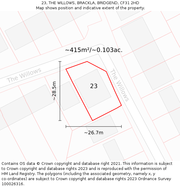 23, THE WILLOWS, BRACKLA, BRIDGEND, CF31 2HD: Plot and title map