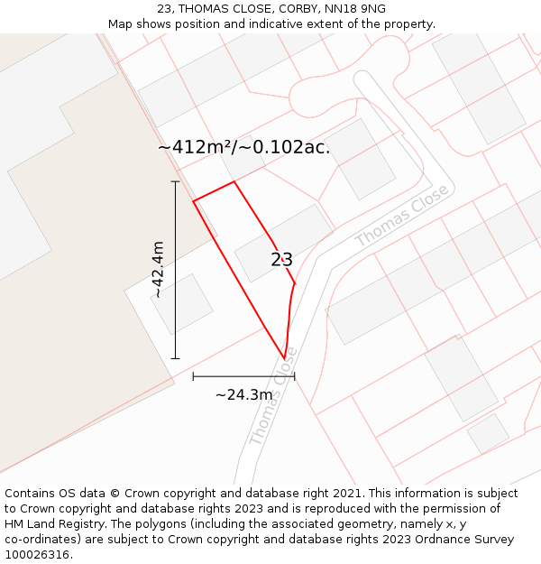 23, THOMAS CLOSE, CORBY, NN18 9NG: Plot and title map