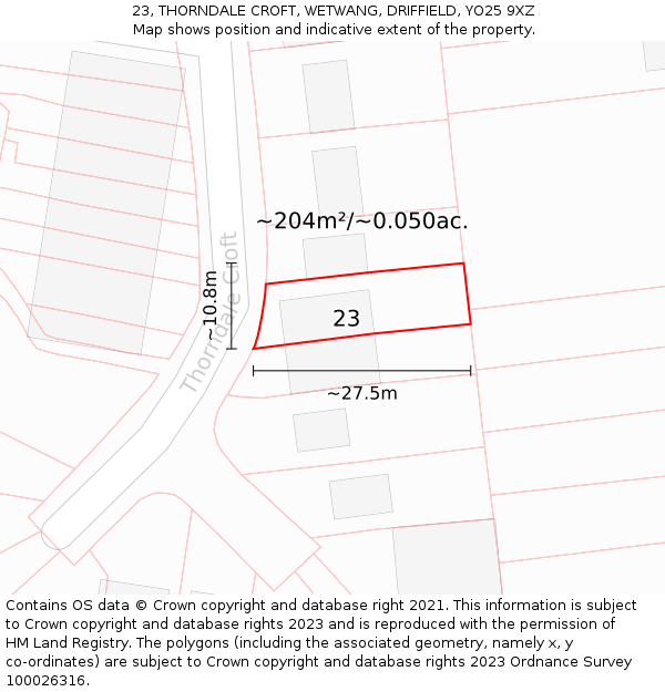 23, THORNDALE CROFT, WETWANG, DRIFFIELD, YO25 9XZ: Plot and title map