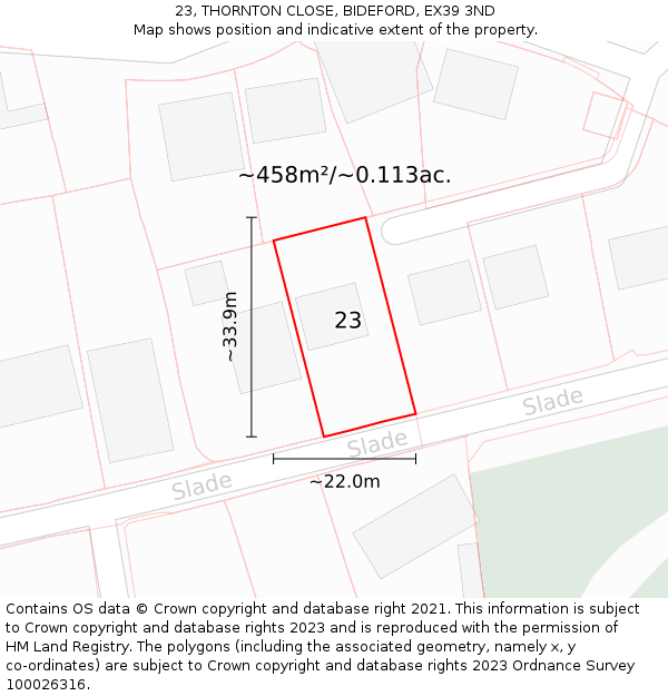 23, THORNTON CLOSE, BIDEFORD, EX39 3ND: Plot and title map