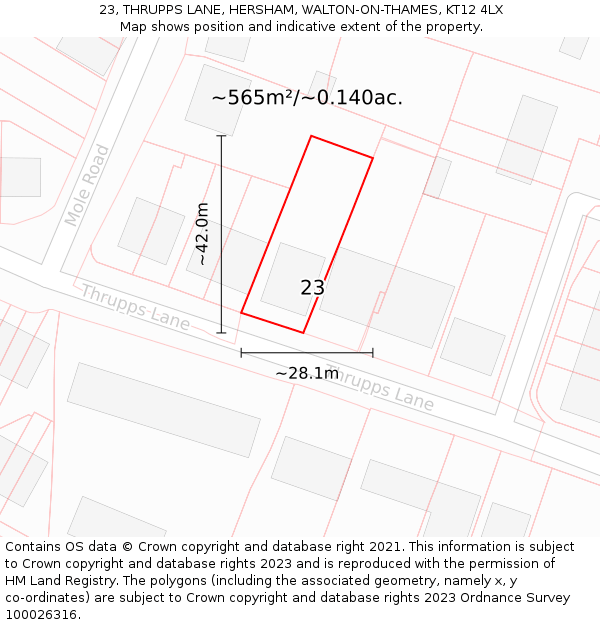 23, THRUPPS LANE, HERSHAM, WALTON-ON-THAMES, KT12 4LX: Plot and title map