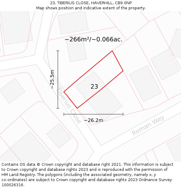 23, TIBERIUS CLOSE, HAVERHILL, CB9 0NP: Plot and title map