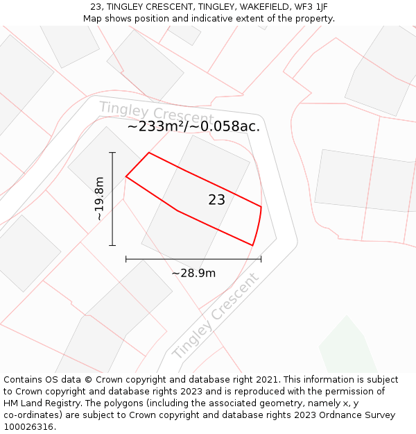23, TINGLEY CRESCENT, TINGLEY, WAKEFIELD, WF3 1JF: Plot and title map