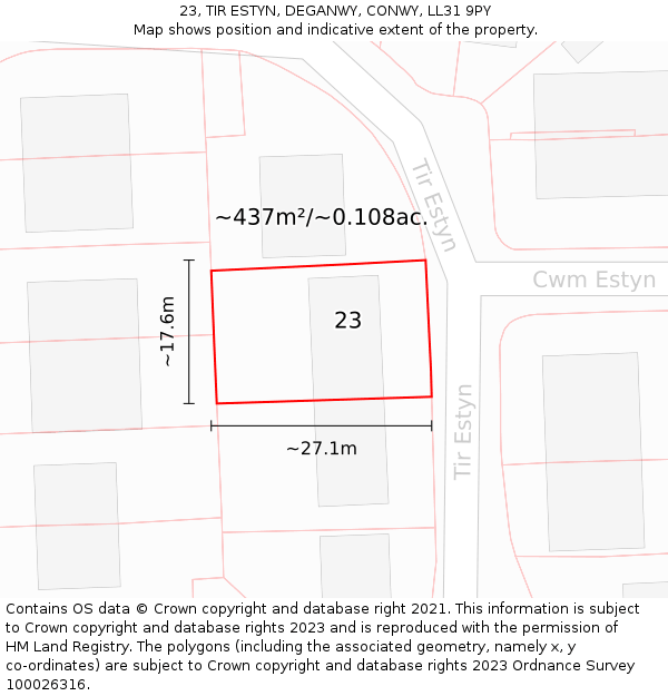 23, TIR ESTYN, DEGANWY, CONWY, LL31 9PY: Plot and title map