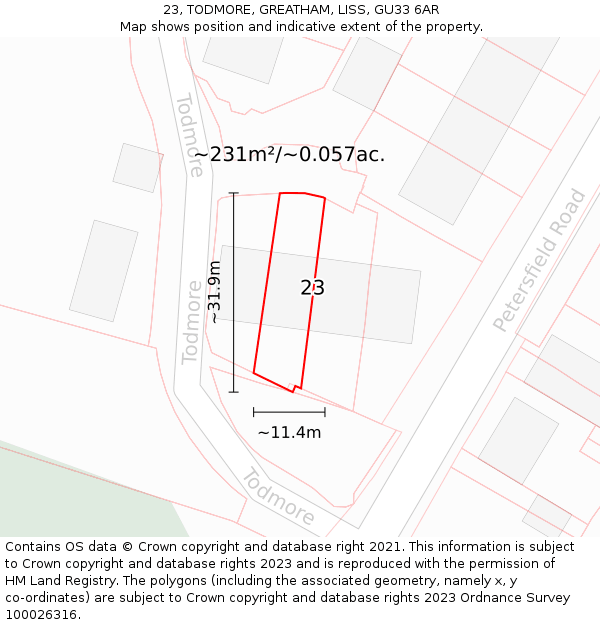 23, TODMORE, GREATHAM, LISS, GU33 6AR: Plot and title map