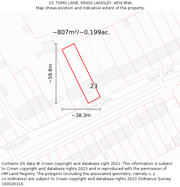 23, TOMS LANE, KINGS LANGLEY, WD4 8NA: Plot and title map