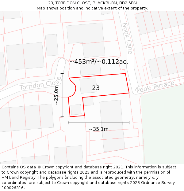 23, TORRIDON CLOSE, BLACKBURN, BB2 5BN: Plot and title map