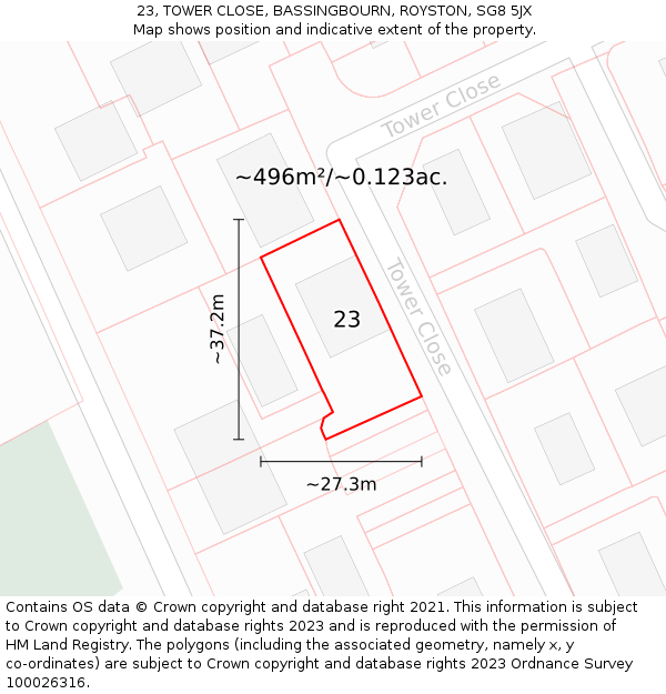 23, TOWER CLOSE, BASSINGBOURN, ROYSTON, SG8 5JX: Plot and title map