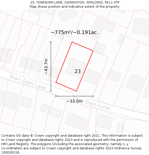 23, TOWNDAM LANE, DONINGTON, SPALDING, PE11 4TP: Plot and title map