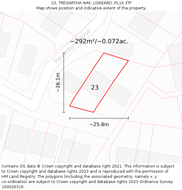 23, TREGARTHA WAY, LISKEARD, PL14 3TF: Plot and title map