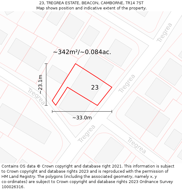 23, TREGREA ESTATE, BEACON, CAMBORNE, TR14 7ST: Plot and title map