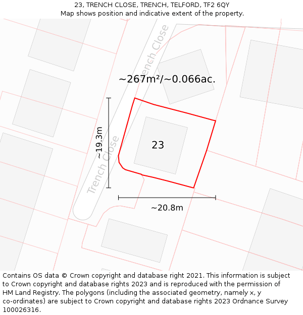 23, TRENCH CLOSE, TRENCH, TELFORD, TF2 6QY: Plot and title map